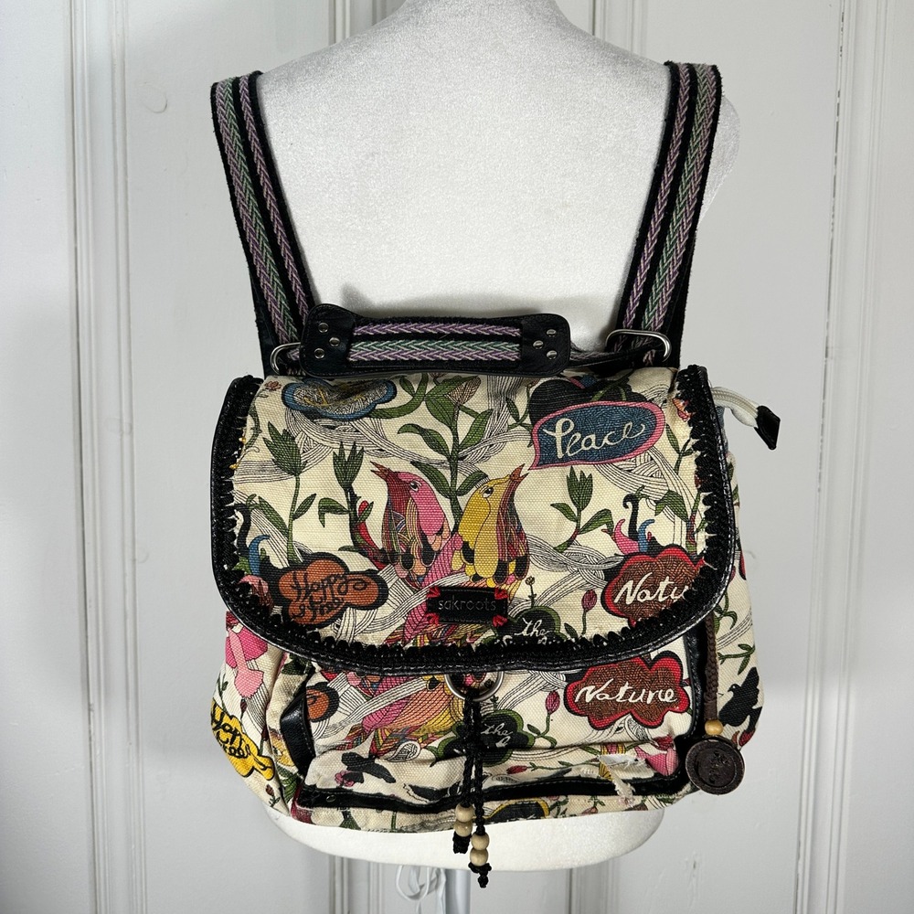 Sakroots Convertible Backpack Crossbody Women Small Cream Bird Fair Nature Print